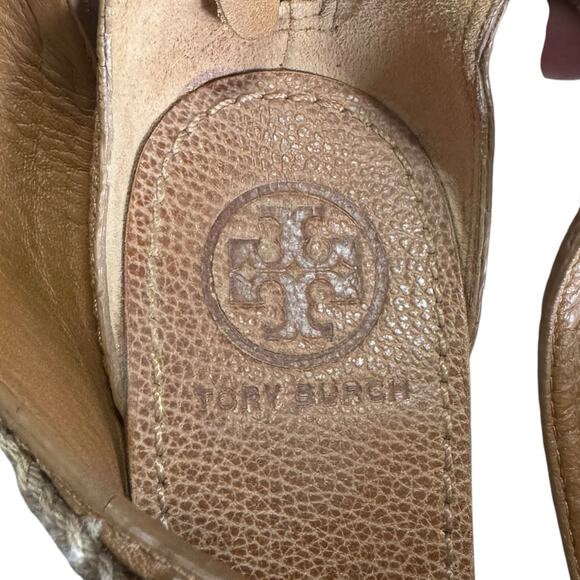 Tory Burch Lucian Tan Leather Gold Chain Strappy Wedge Sandals - Size 7 ½ - Picture 9 of 11